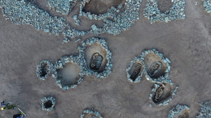 An aerial view of Hun-Xianbi culture burials. Both horses and warriors can be identified. Photo: Zainolla Samashev