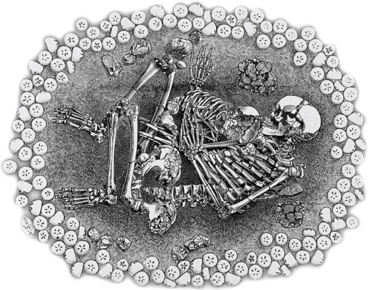 Skeletal remains of an adult and a child at Dunstable Downs (ill./©: illustration from the book "Man, The Primeval Savage" (1894) by Worthington Smith