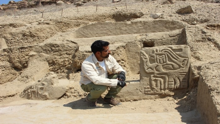 A carving of a human with a bird’s head found at the ancient temple. Photo: Peru Ministry of Culture