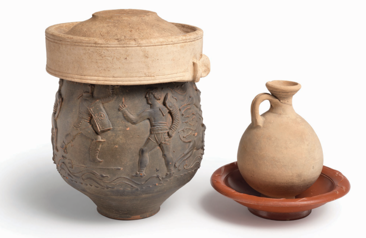 The Colchester Vase burial group, including mortarium lid, dish and flagon. Credit: D. Atfield; © Colchester Museums