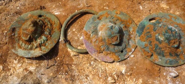 Three of the lion-head discs retrieved from Tomb T6. Credit: A. Peretz